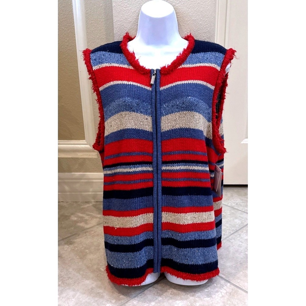 Breckenridge Extras Women XL Striped Zip Front Sweater Vest Ramie Wool Fringe